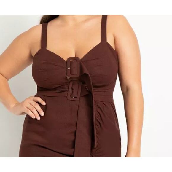 Eloquii NWT Buckle Front Linen Blend Dress Warm Chocolate Brown Slit Sz 22 - Picture 2 of 5